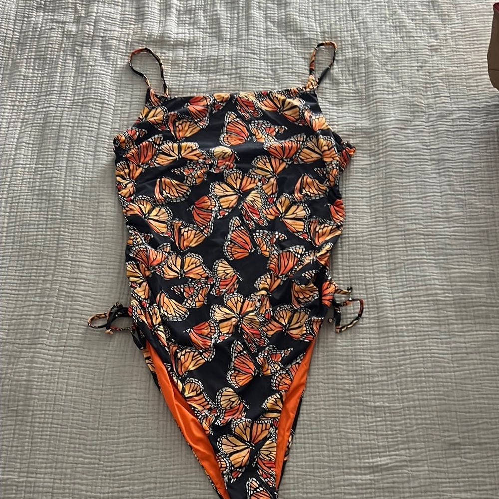 Toluca Orange and Black One Piece Swimsuit Butterfly Print Alessandra Style NWT